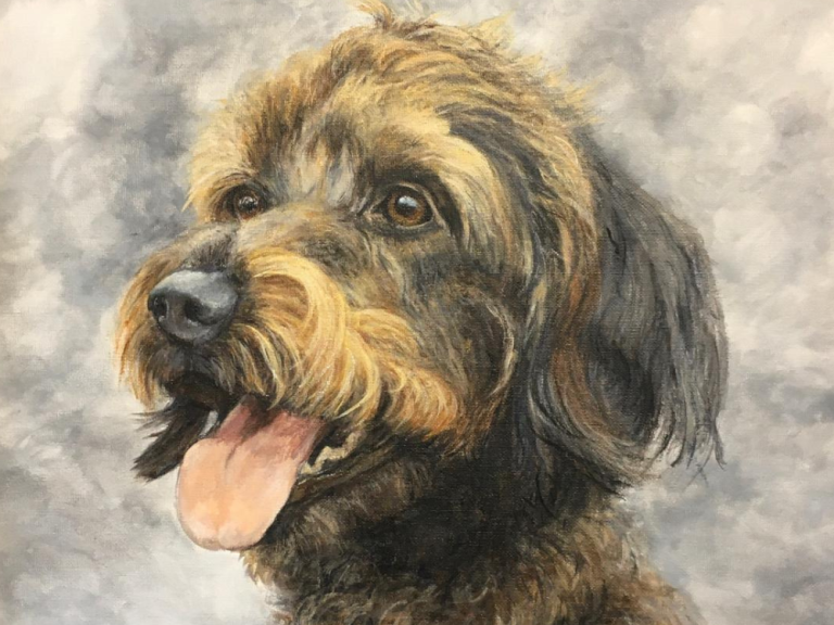 Pet Portraits Meg is the adorable dog whose owner asked for a pet portrait. She is pictured with her wet nose shining and her tongue out.
