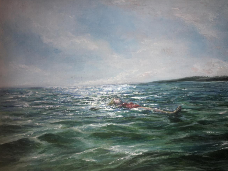 Cold Water Swimming Inspired by cold water swimming, this acrylic depicts someone floating in the sea